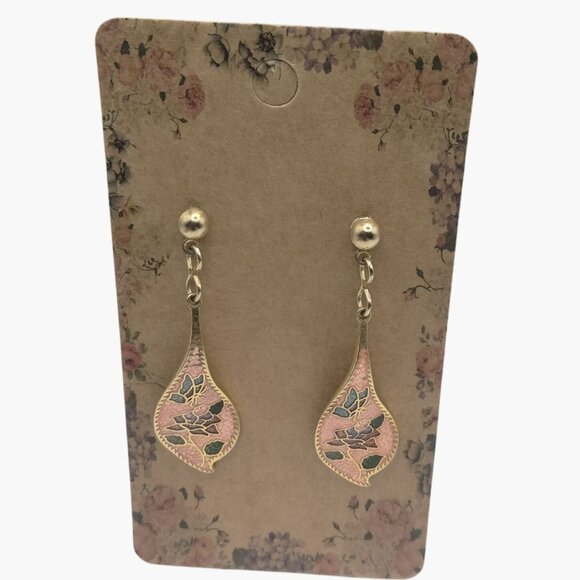 Pink Cloisonne Earrings Gold Tone Teardrop Vintage Floral Post - Picture 3 of 6